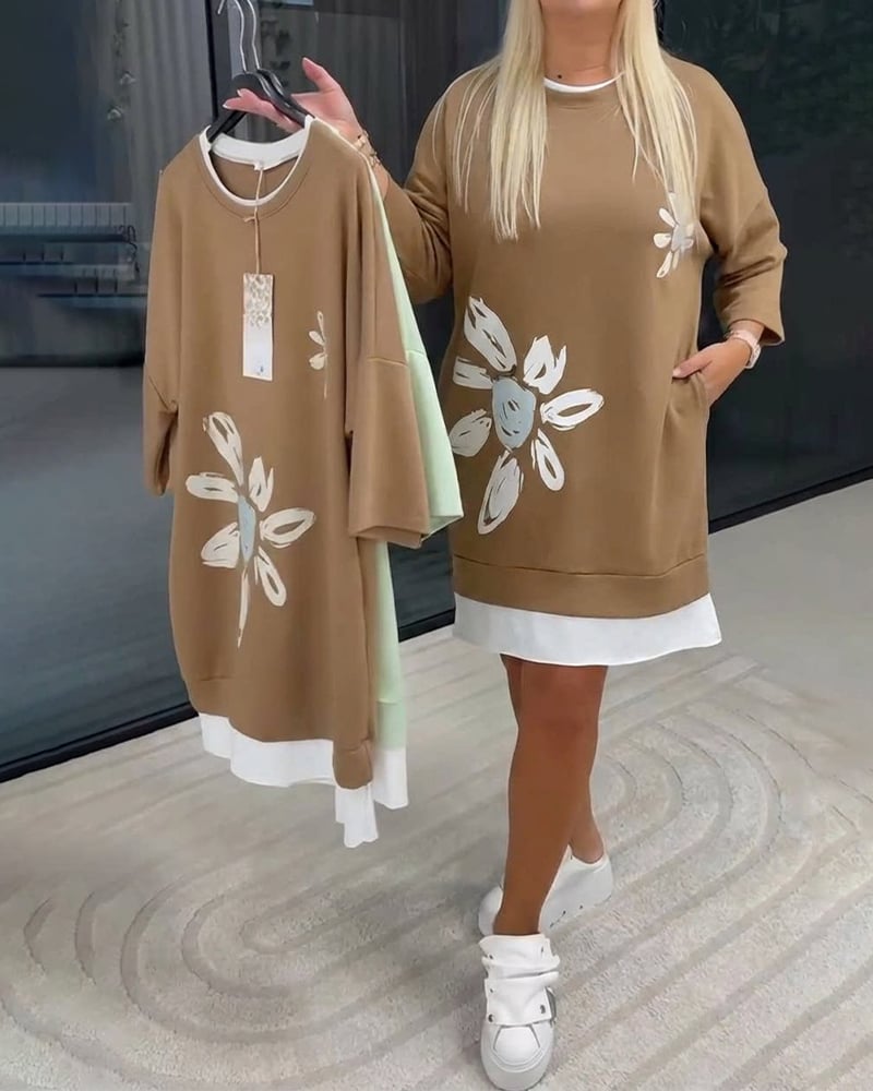 Crew neck floral patchwork sweatshirt dress image 2