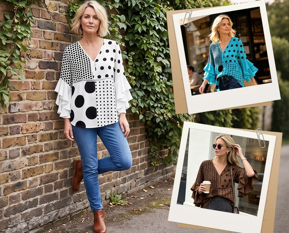 Polka dot blouse lifestyle collage