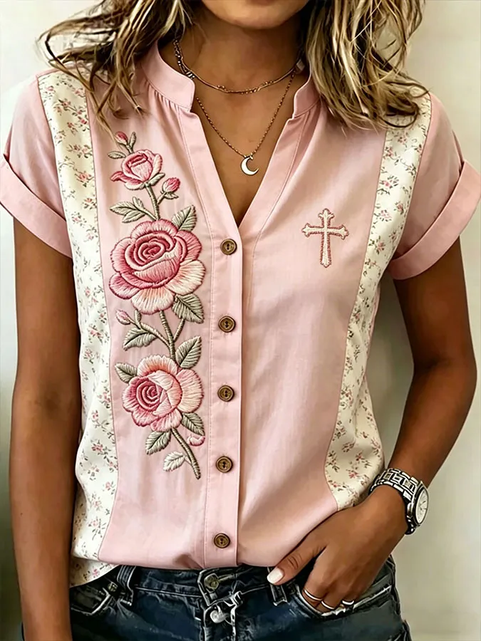 Women'S Floral Cross Printed Casual Shirt