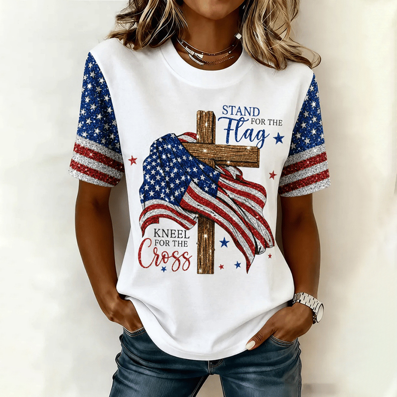 Women's Independence Day Faith Flag Print Crew Neck Short Sleeve T-shirt