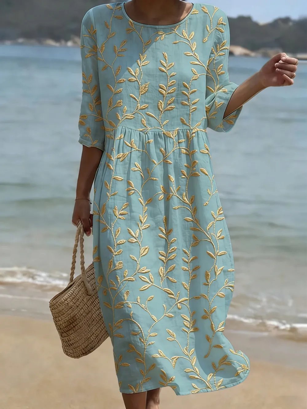 Women's Casual Plant Leaf Printed Cotton And Linen Dress
