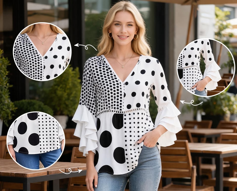 V neck patchwork and ruffle sleeve details