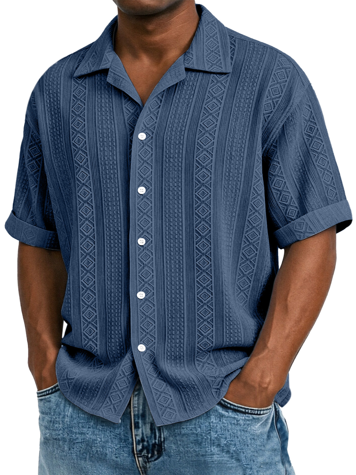 Men's Solid Color Casual Textured Lapel Short-Sleeve Shirt
