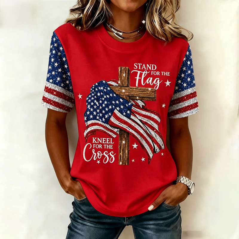 Women's Independence Day Faith Flag Print Crew Neck Short Sleeve T-shirt