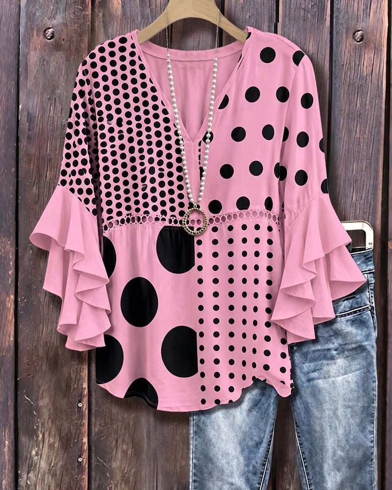 Mixed polka dot patchwork ruffle blouse image 3