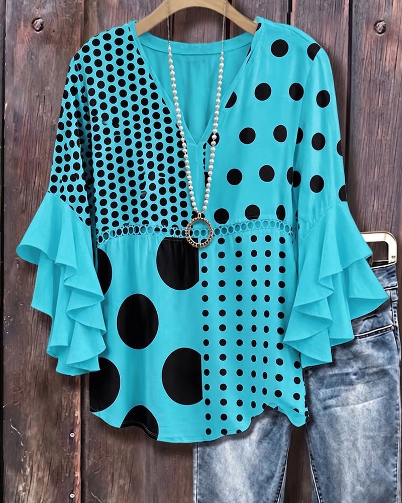 Mixed polka dot patchwork ruffle blouse image 2