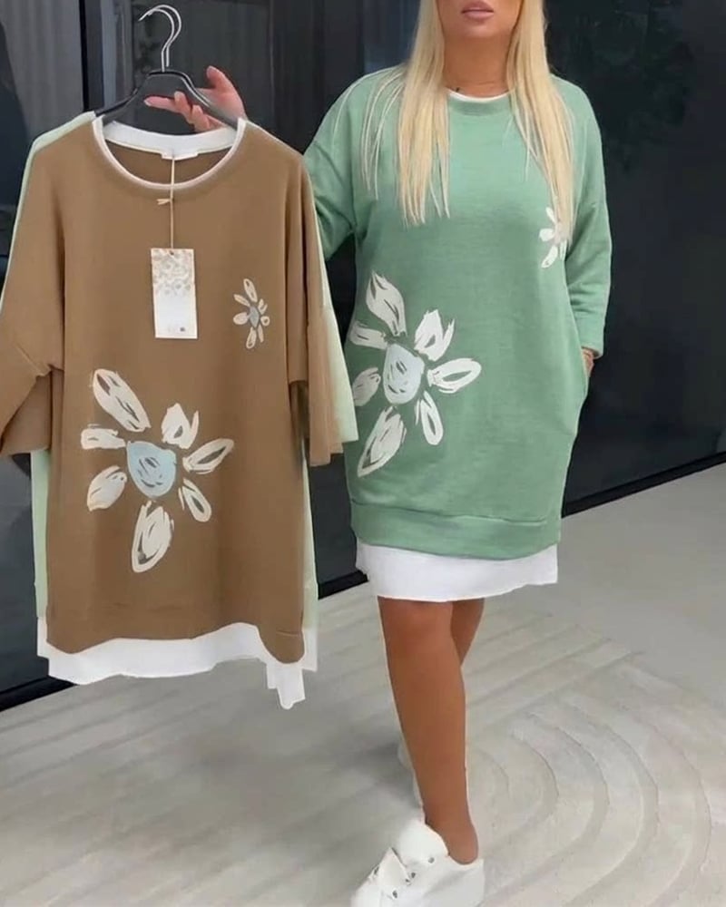 Crew neck floral patchwork sweatshirt dress image 3