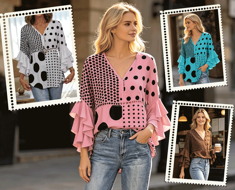 Animated color showcase of the polka dot ruffle blouse