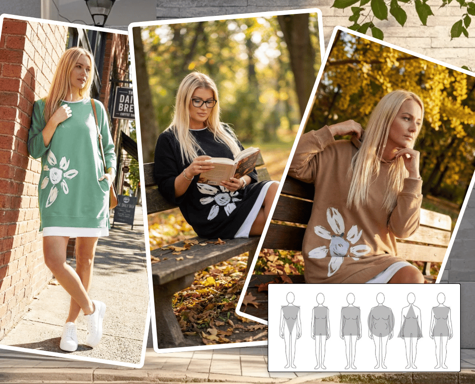 Black khaki and mint green sweatshirt dress lifestyle collage