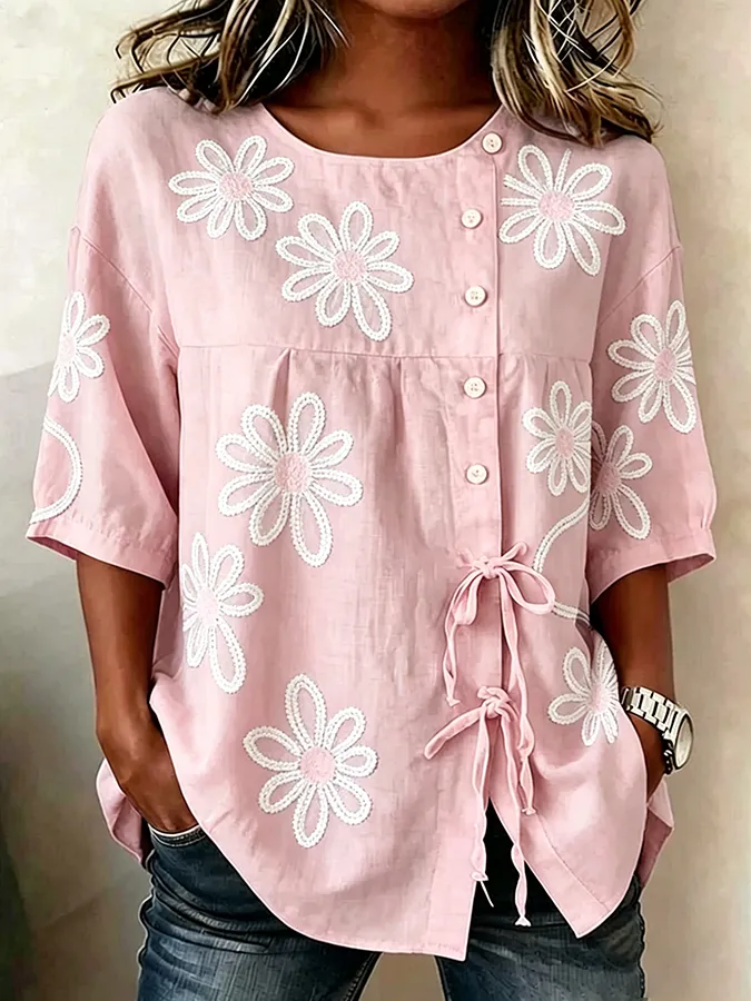 Women's casual floral cotton linen short sleeved shirt