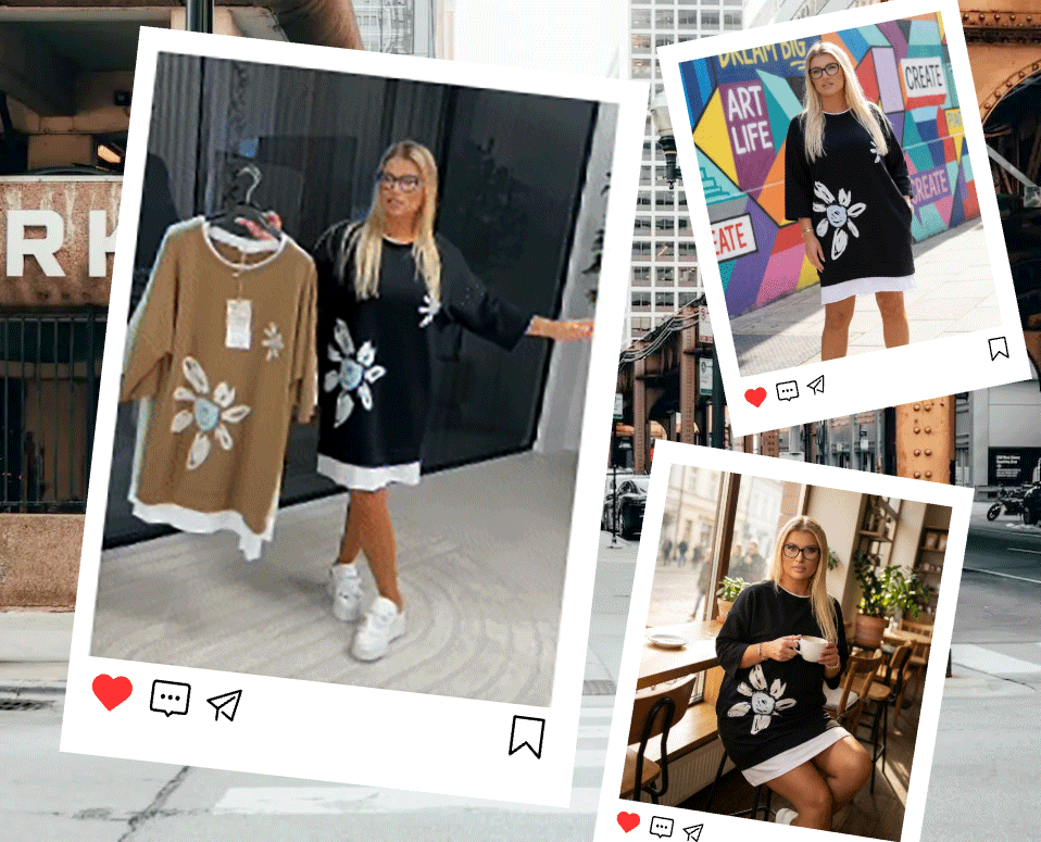 Animated view of the crew neck floral patchwork sweatshirt dress
