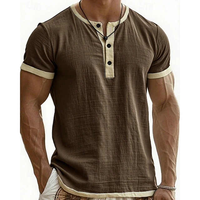 Men’s Color Block Henley Short Sleeve T-Shirt