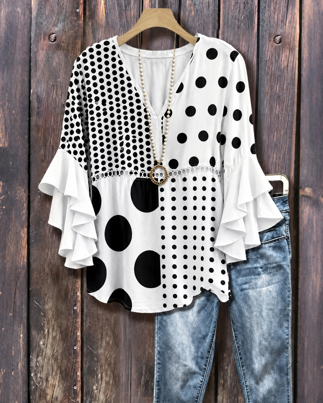 Mixed polka dot patchwork ruffle blouse image 1