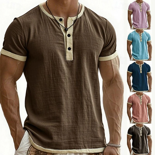 Men’s Color Block Henley Short Sleeve T-Shirt