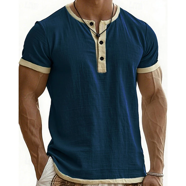 Men’s Color Block Henley Short Sleeve T-Shirt
