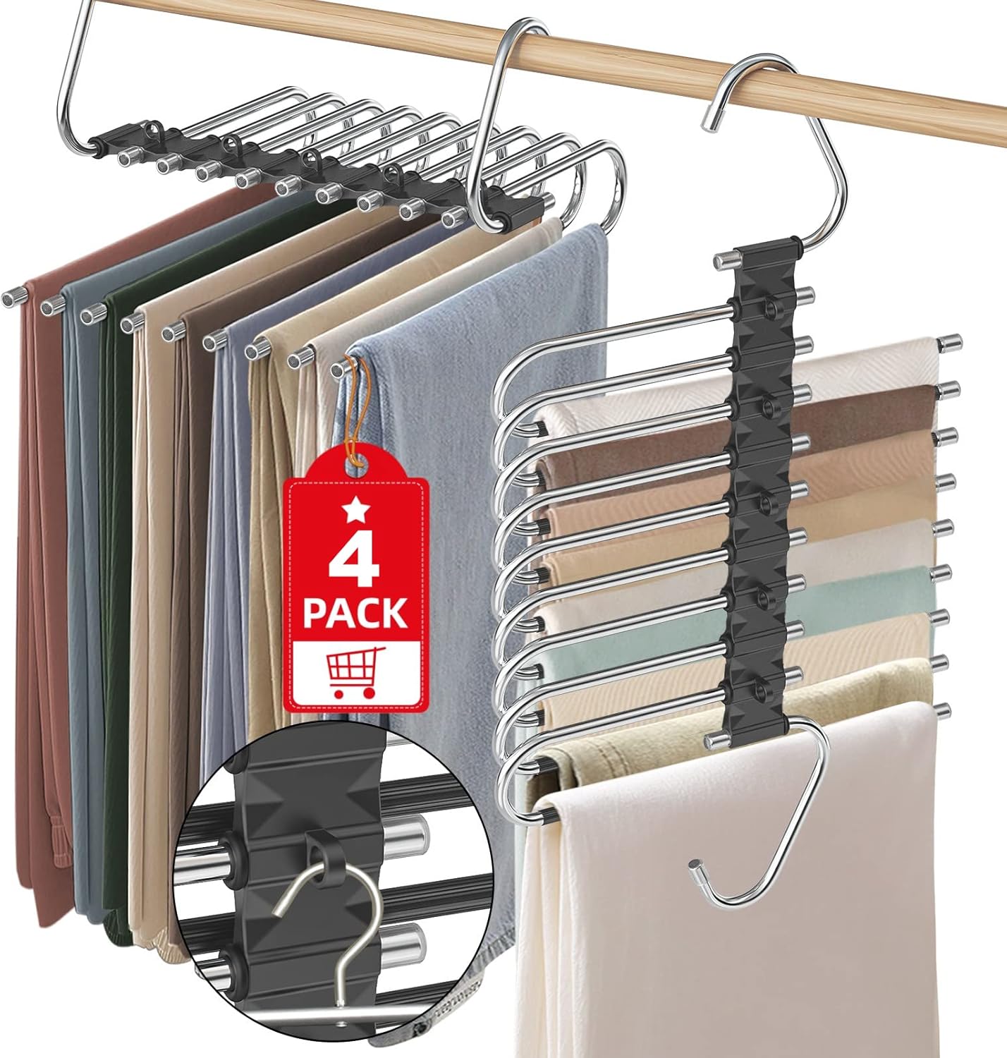 9 Layers Pants Hangers Space Saving, 2 Pack Multifunctional Pant Rack Stainless Steel Closet Organizer for Pants Jeans Leggings Trousers, Antiquewhite