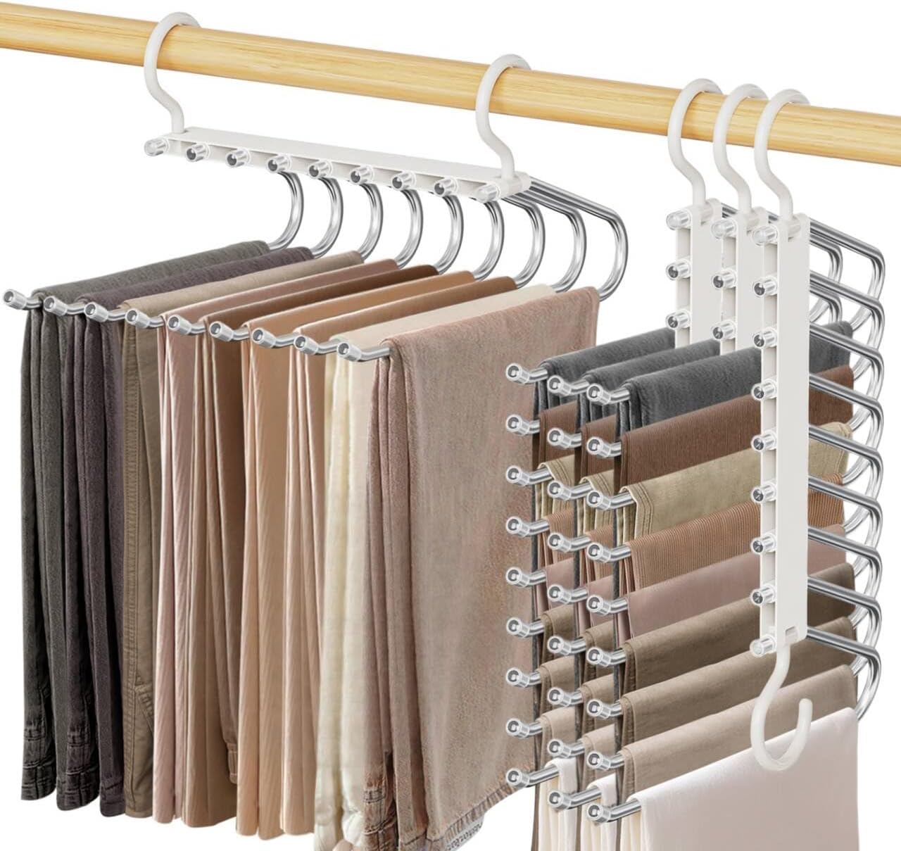 9 Layers Pants Hangers Space Saving, 2 Pack Multifunctional Pant Rack Stainless Steel Closet Organizer for Pants Jeans Leggings Trousers, Antiquewhite