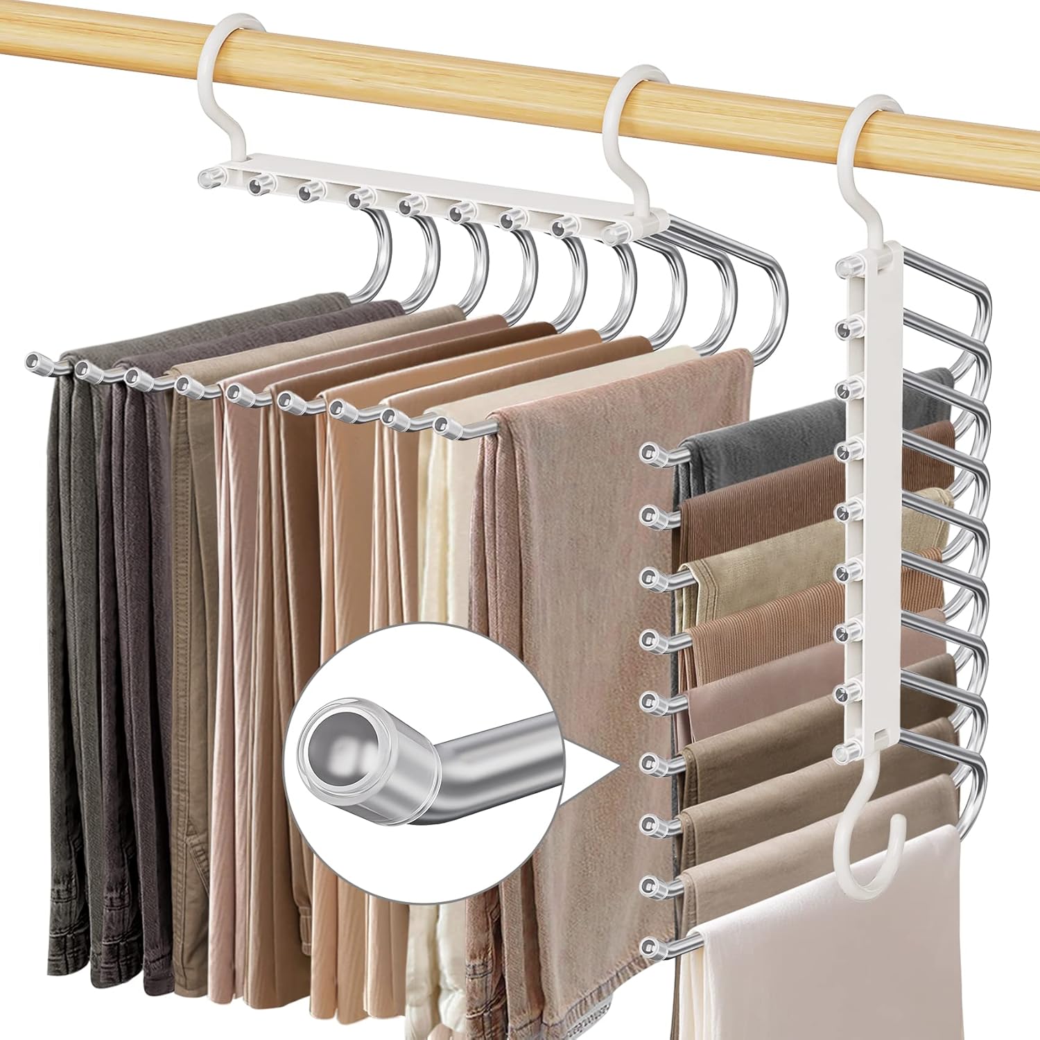 9 Layers Pants Hangers Space Saving, 2 Pack Multifunctional Pant Rack Stainless Steel Closet Organizer for Pants Jeans Leggings Trousers, Antiquewhite