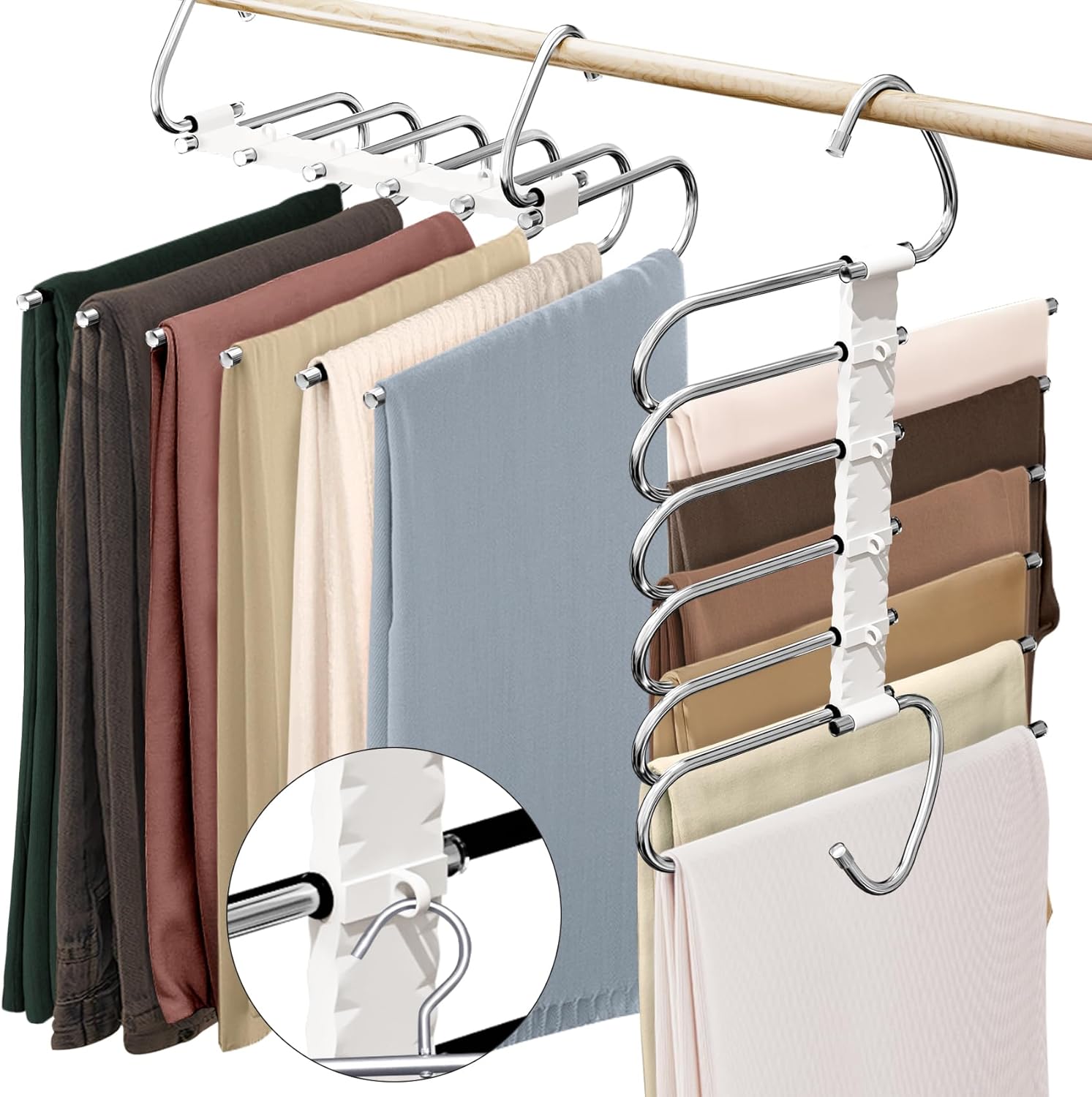 9 Layers Pants Hangers Space Saving, 2 Pack Multifunctional Pant Rack Stainless Steel Closet Organizer for Pants Jeans Leggings Trousers, Antiquewhite