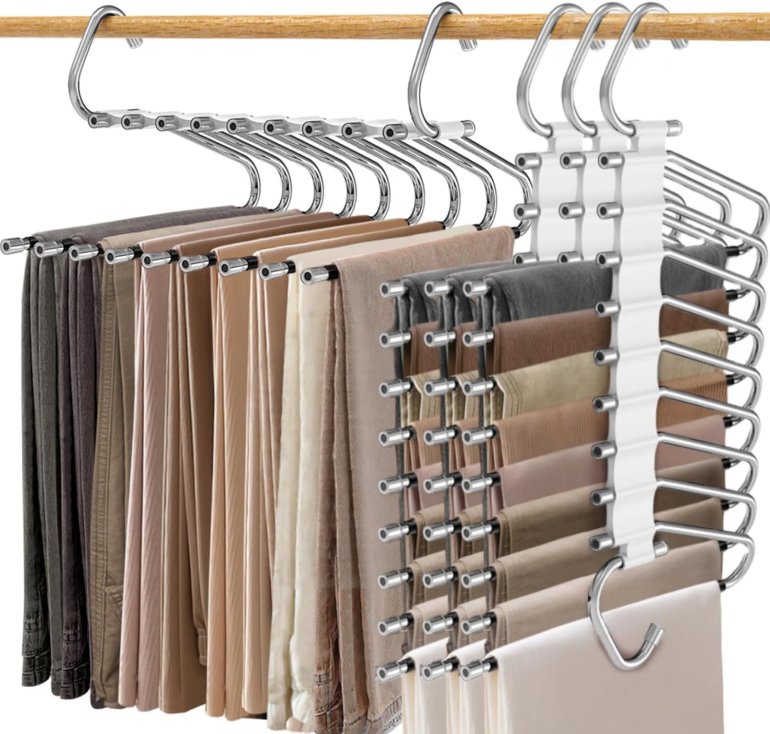 9 Layers Pants Hangers Space Saving, 2 Pack Multifunctional Pant Rack Stainless Steel Closet Organizer for Pants Jeans Leggings Trousers, Antiquewhite
