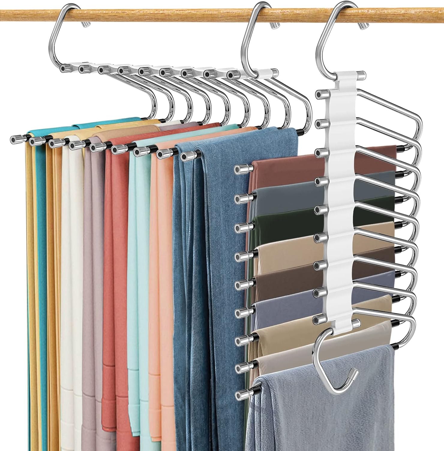 9 Layers Pants Hangers Space Saving, 2 Pack Multifunctional Pant Rack Stainless Steel Closet Organizer for Pants Jeans Leggings Trousers, Antiquewhite
