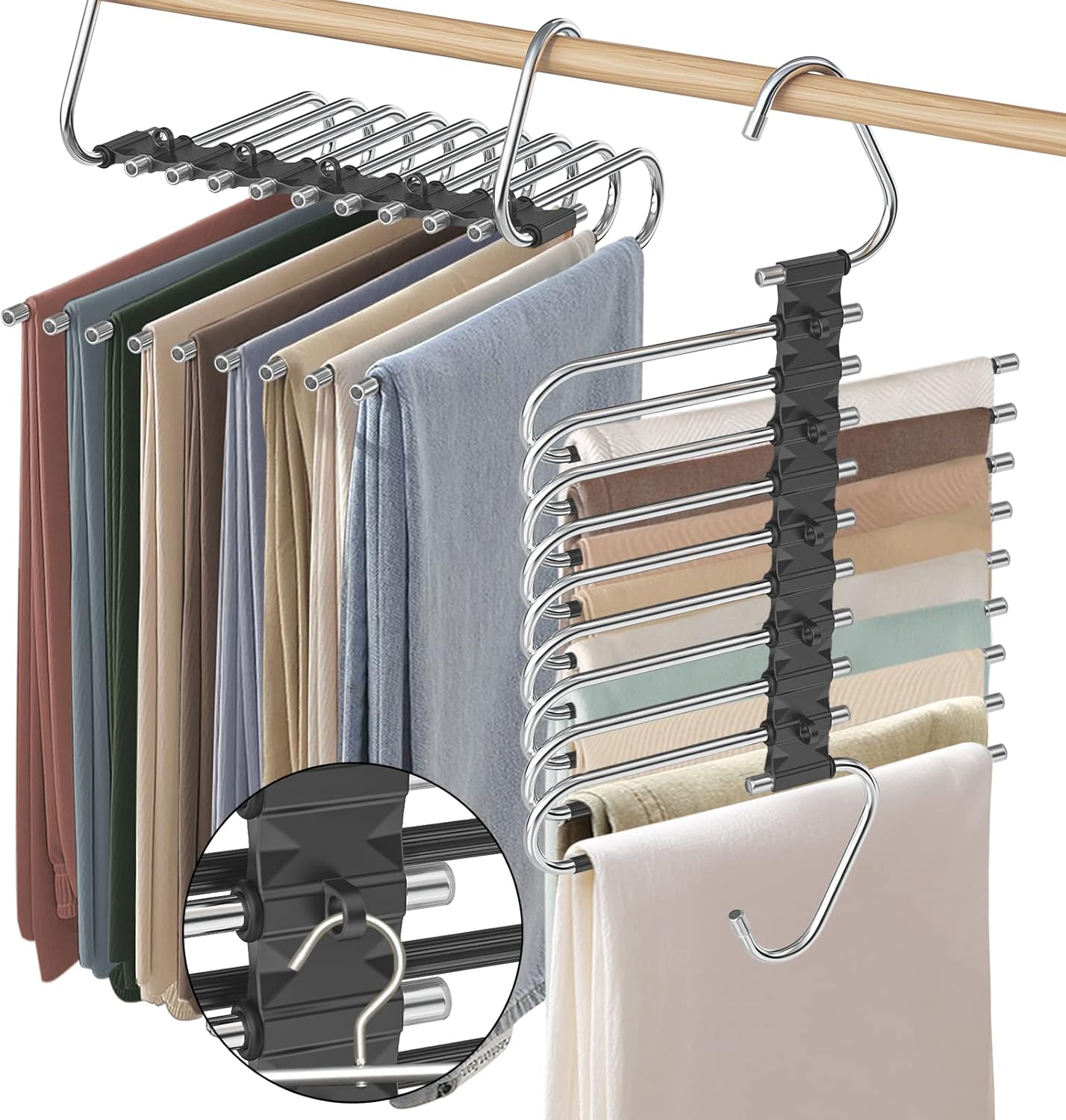 9 Layers Pants Hangers Space Saving, 2 Pack Multifunctional Pant Rack Stainless Steel Closet Organizer for Pants Jeans Leggings Trousers, Antiquewhite