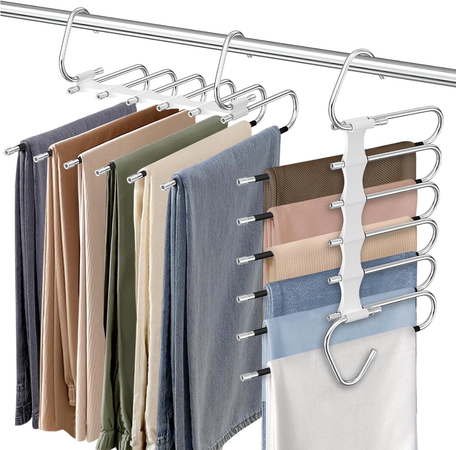 9 Layers Pants Hangers Space Saving, 2 Pack Multifunctional Pant Rack Stainless Steel Closet Organizer for Pants Jeans Leggings Trousers, Antiquewhite