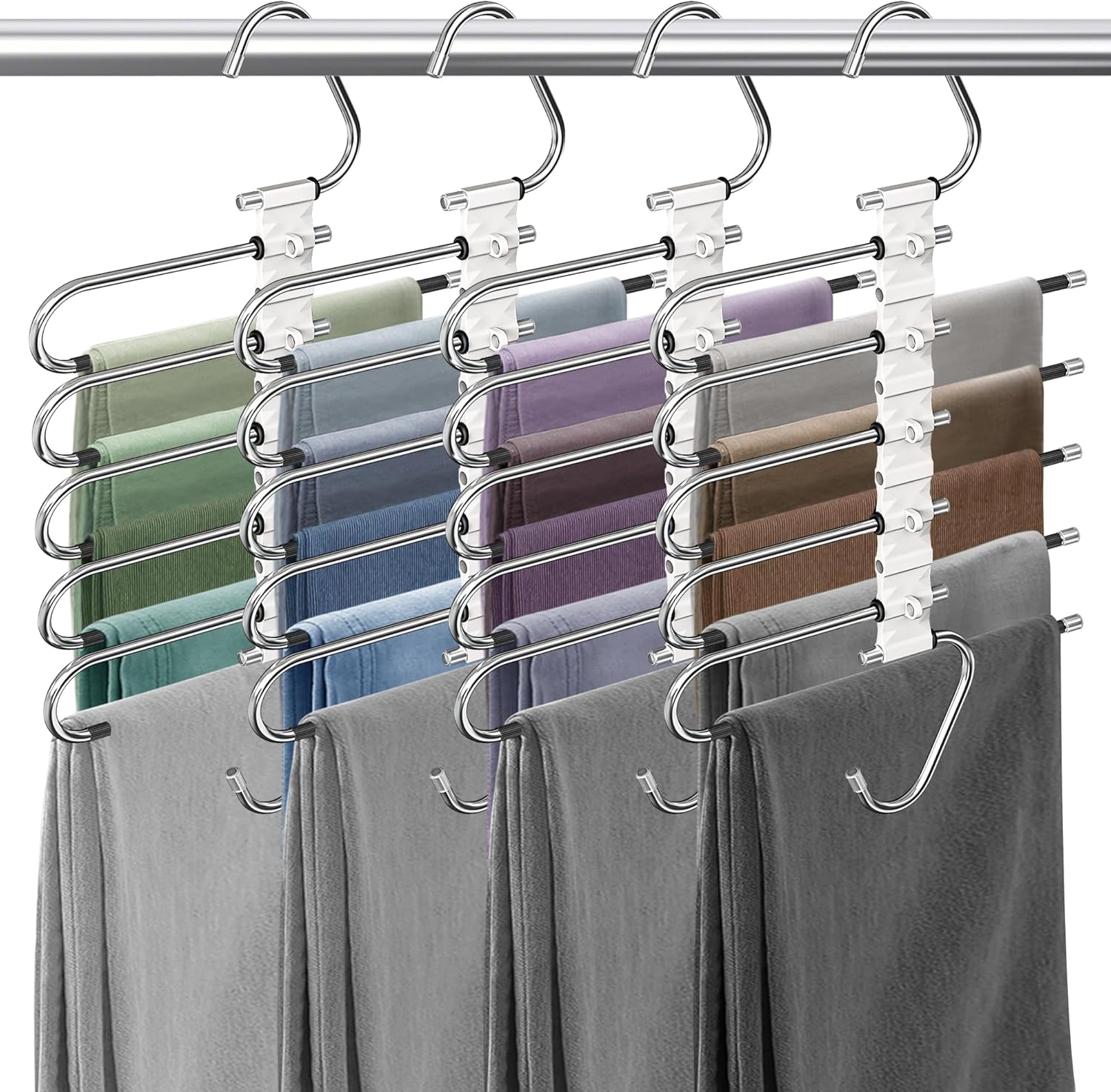 9 Layers Pants Hangers Space Saving, 2 Pack Multifunctional Pant Rack Stainless Steel Closet Organizer for Pants Jeans Leggings Trousers, Antiquewhite