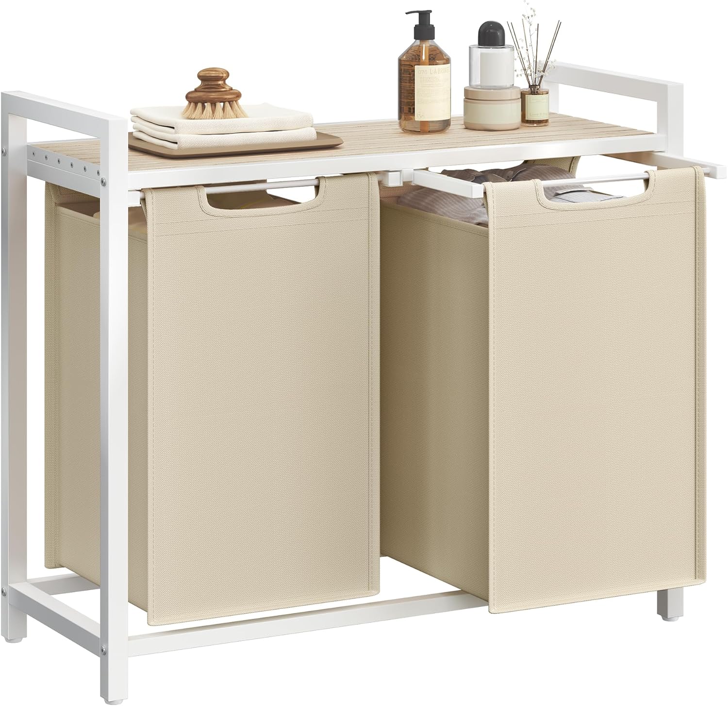 VASAGLE Laundry Hamper, Laundry Basket Sorter with 3 Pull-Out and Removable Bags, Shelf, Metal Frame, 3 x 10.6 Gallons (40 L), 36.4 x 13 x 28.4 Inches, Cappuccino Beige and Natural Beige UBLH301LH01