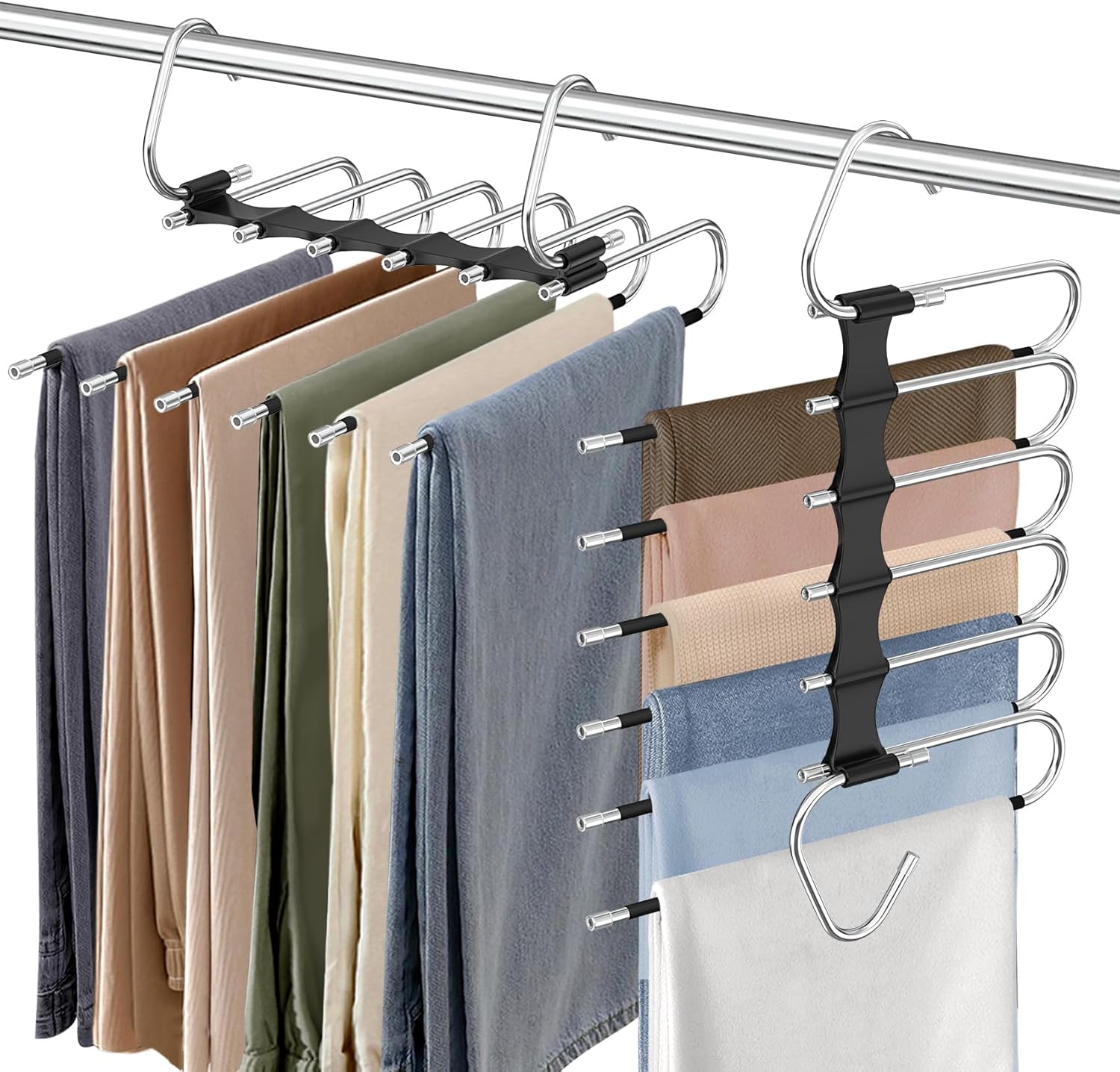9 Layers Pants Hangers Space Saving, 2 Pack Multifunctional Pant Rack Stainless Steel Closet Organizer for Pants Jeans Leggings Trousers, Antiquewhite