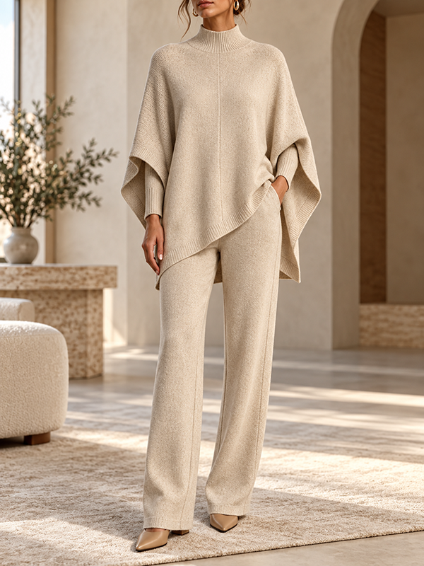 Women’s Turtleneck Asymmetrical Poncho Sweater and Straight-Leg Pants Two-Piece Set