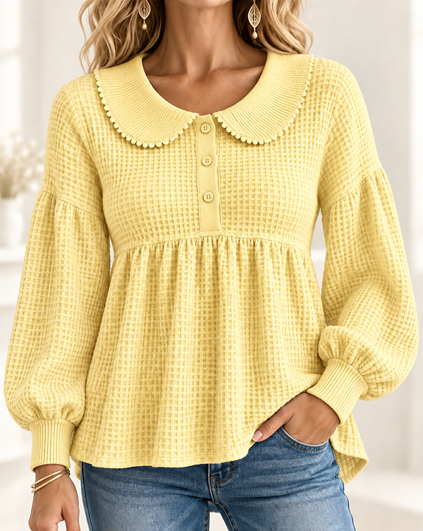 CLEARANCE SALE🔥Women’s Waffle Knit Peter Pan Collar Babydoll Henley Top