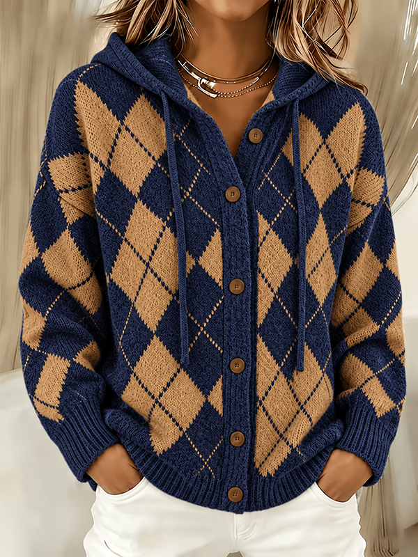 CLEARANCE SALE🔥 Women’s Argyle Hooded Button Front Knit Cardigan Sweater