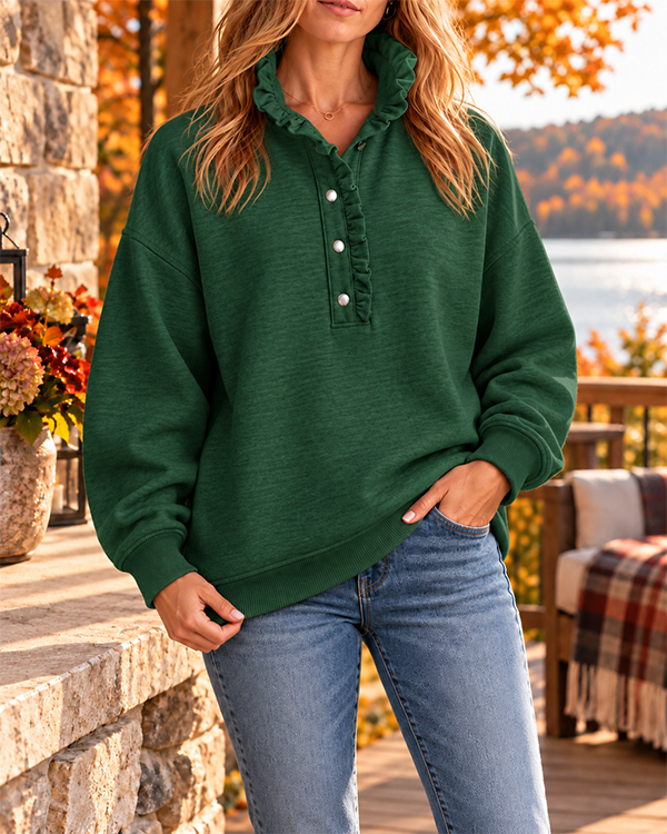 CLEARANCE SALE🔥Women’s Ruffle Collar Henley Button Relaxed Fit Sweatshirt