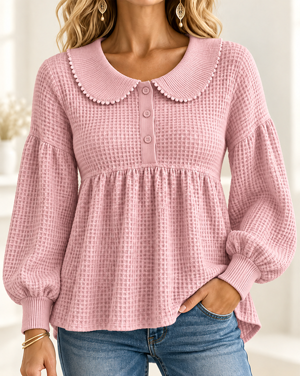 CLEARANCE SALE🔥Women’s Waffle Knit Peter Pan Collar Babydoll Henley Top