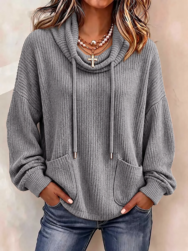 CLEARANCE SALE🔥Women’s Cowl Neck Drawstring Ribbed Knit Pullover Sweater with Pockets