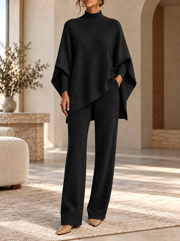 Women’s Turtleneck Asymmetrical Poncho Sweater and Straight-Leg Pants Two-Piece Set