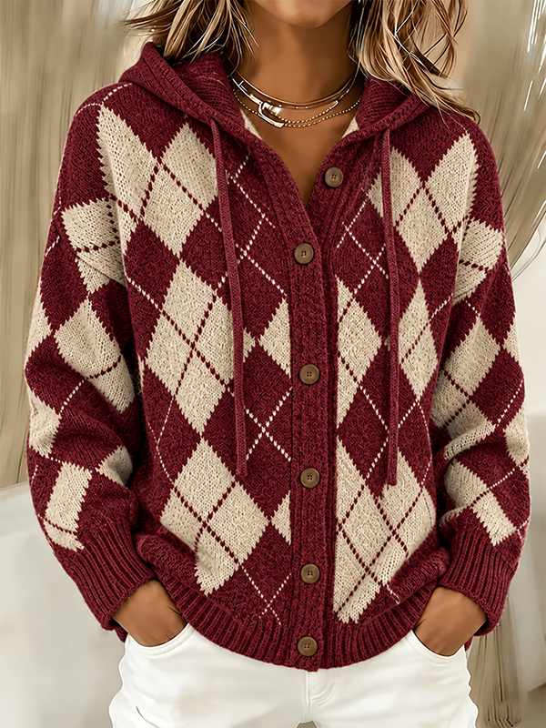 CLEARANCE SALE🔥 Women’s Argyle Hooded Button Front Knit Cardigan Sweater