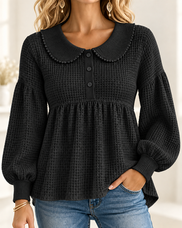 CLEARANCE SALE🔥Women’s Waffle Knit Peter Pan Collar Babydoll Henley Top