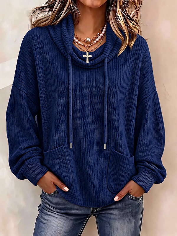 CLEARANCE SALE🔥Women’s Cowl Neck Drawstring Ribbed Knit Pullover Sweater with Pockets