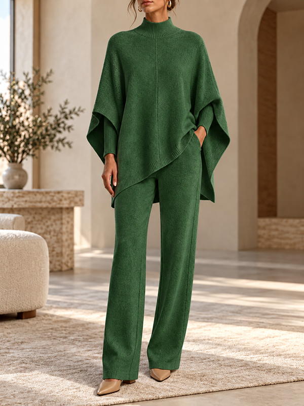 Women’s Turtleneck Asymmetrical Poncho Sweater and Straight-Leg Pants Two-Piece Set
