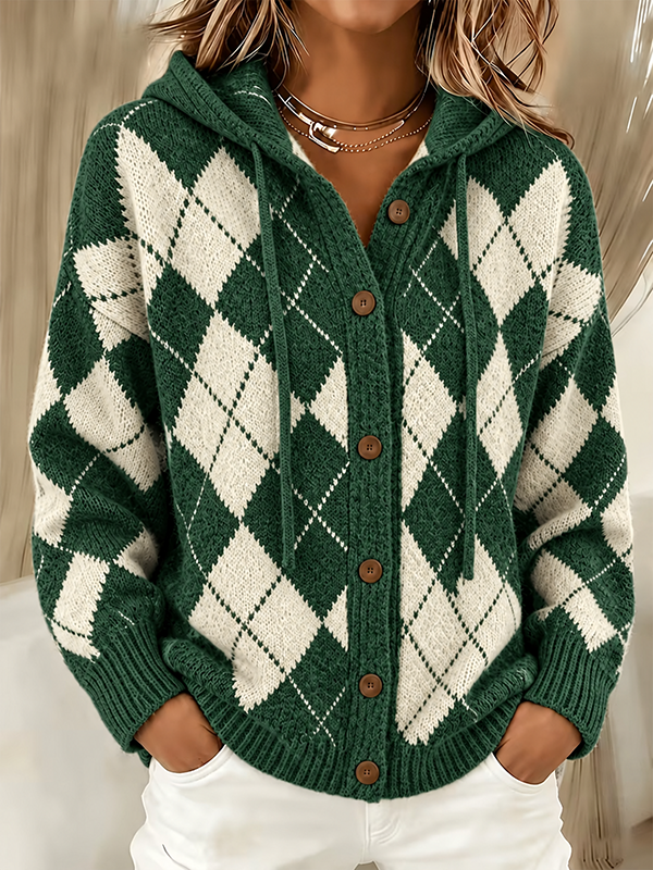 CLEARANCE SALE🔥 Women’s Argyle Hooded Button Front Knit Cardigan Sweater