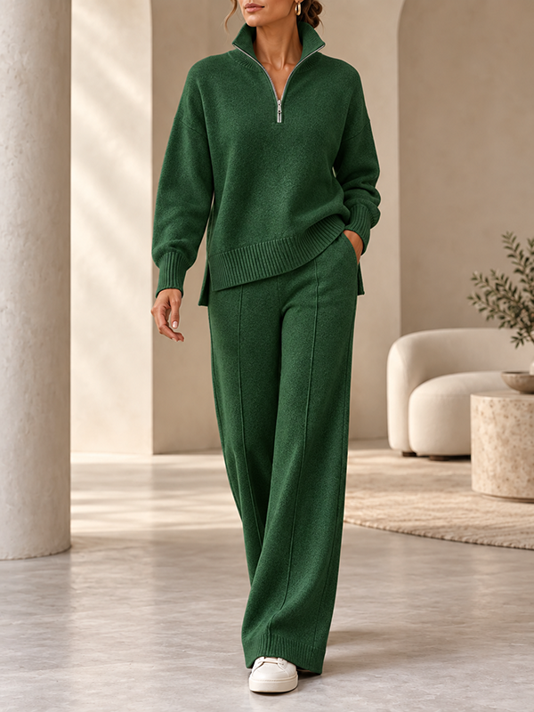 Women’s Quarter Zip Knit Sweater and Wide-Leg Pants Two-Piece Set