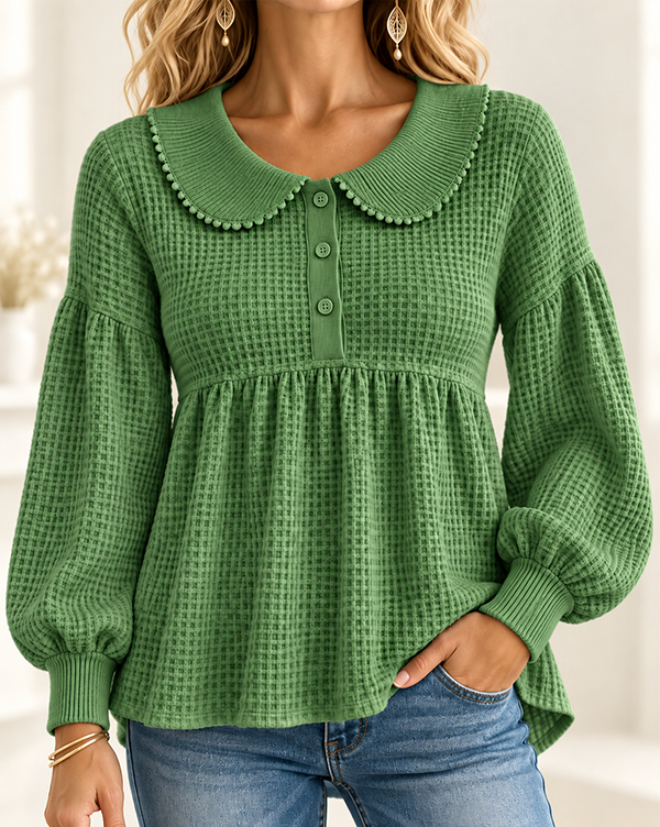 CLEARANCE SALE🔥Women’s Waffle Knit Peter Pan Collar Babydoll Henley Top