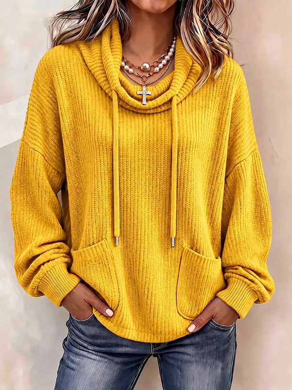 CLEARANCE SALE🔥Women’s Cowl Neck Drawstring Ribbed Knit Pullover Sweater with Pockets