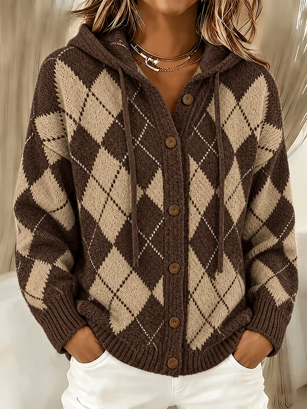 CLEARANCE SALE🔥 Women’s Argyle Hooded Button Front Knit Cardigan Sweater