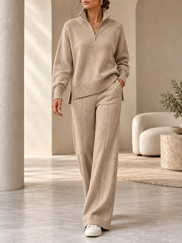 Women’s Quarter Zip Knit Sweater and Wide-Leg Pants Two-Piece Set