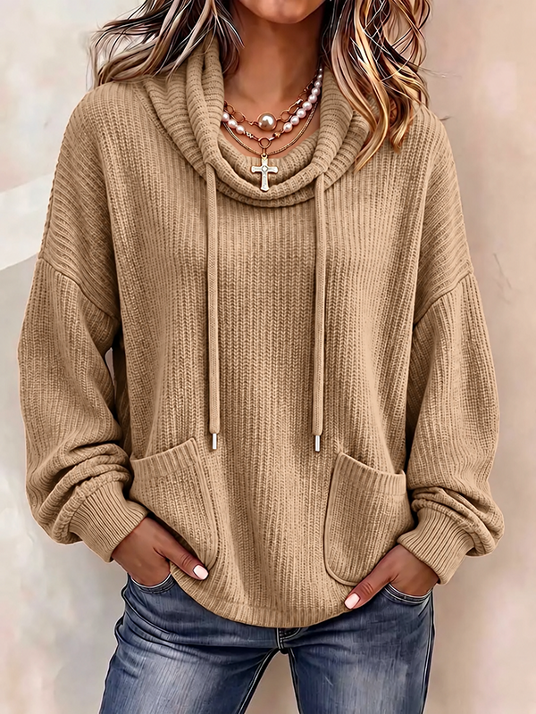 CLEARANCE SALE🔥Women’s Cowl Neck Drawstring Ribbed Knit Pullover Sweater with Pockets