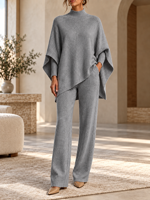 Women’s Turtleneck Asymmetrical Poncho Sweater and Straight-Leg Pants Two-Piece Set