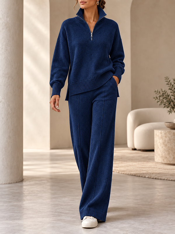 Women’s Quarter Zip Knit Sweater and Wide-Leg Pants Two-Piece Set